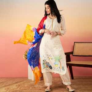 Ethnic Motifs Printed Pure Cotton Straight Kurta With Salwar & Dupatta